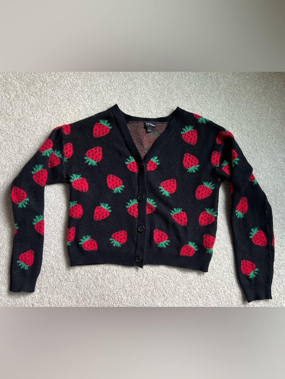 art class Black Cardigan with Red Strawberry Print and Green Accents